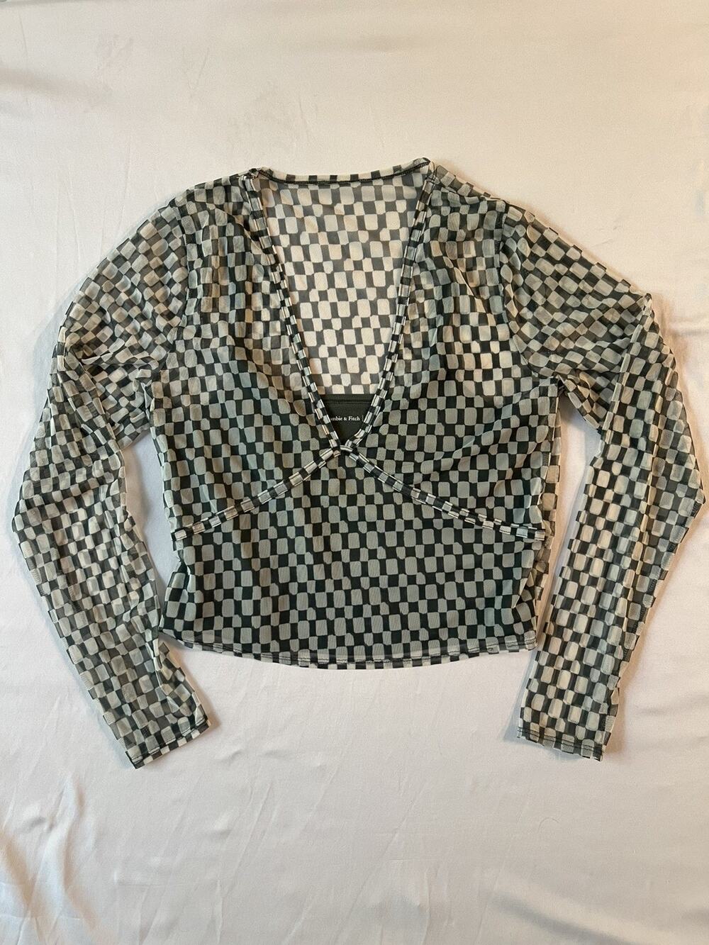 Abercrombie & Fitch Checkered Mesh Top Womens Large Green Festival Grunge